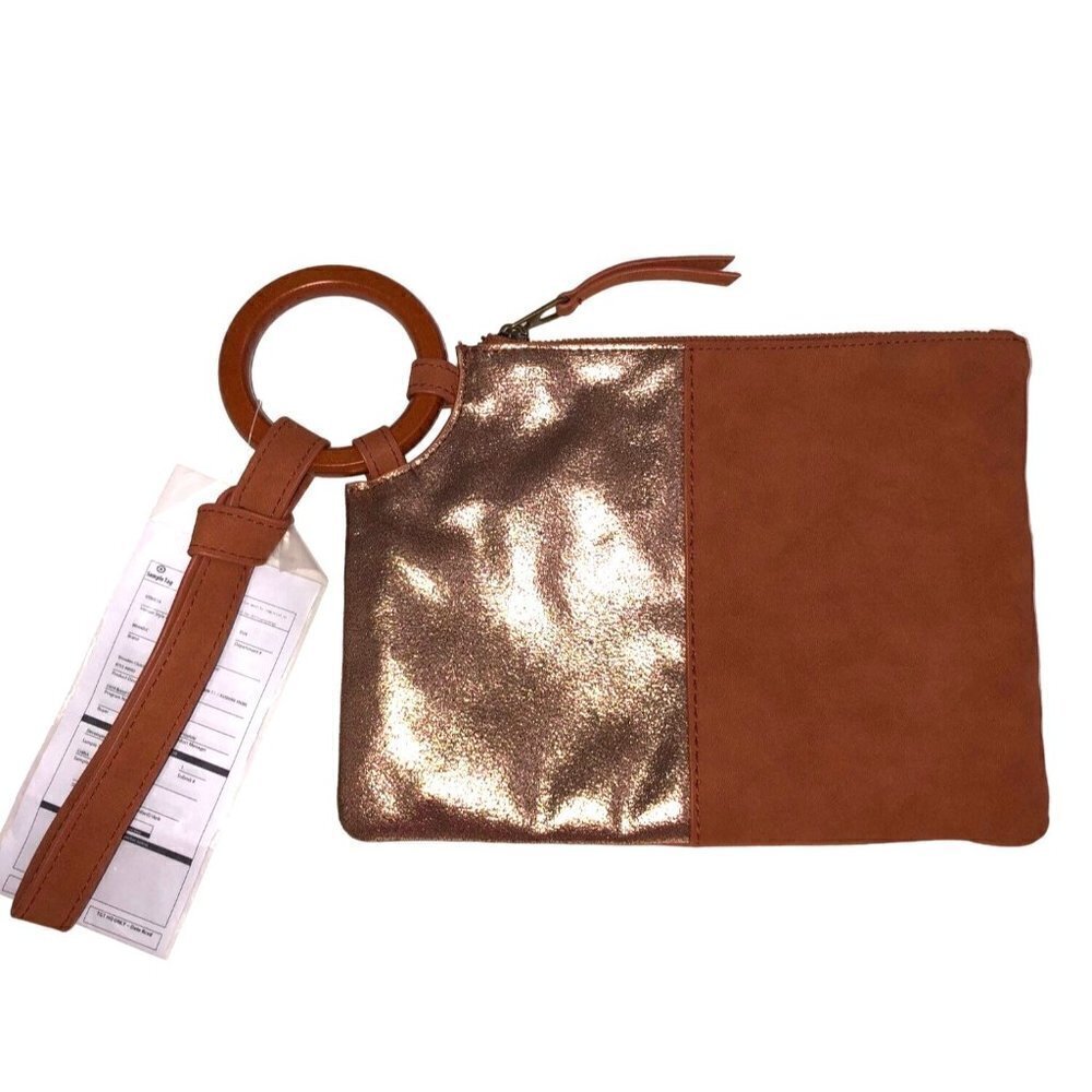 Wristlet Handbag Brown Gold Metallic Purse Vegan Leather Zip Top NEW
